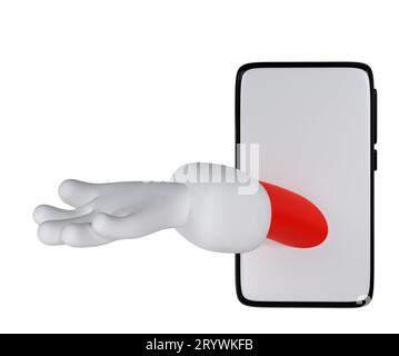 Niedliche Cartoon Hand 3D offene Palme Hand des Weihnachtsmanns vom Smartphone isoliert auf weißem Hintergrund. Weihnachtskonzept 3D-Rendering-Illustration Stockfoto