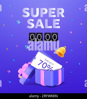 Tolle Rabattschablone mit Geschenkbox, Gutschein oder Gutschein für 70 Prozent Rabatt. Konzept für die Countdown-Landing-Page für Sonderrabatte. 3D gerenderte Geschenkbox. 3D-Vektorillustration. Vektorillustration Stock Vektor
