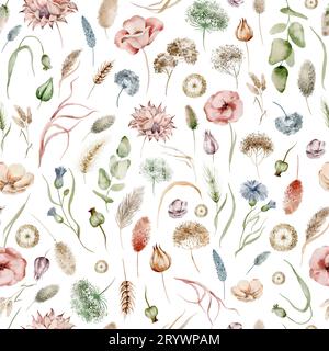 Nahtloses Blumenmuster mit Herbstwildblumen und Pflanzen auf weißem Hintergrund. Aquarellmuster werden von Hand gezeichnet. Stockfoto