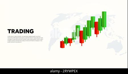 Bannervorlage mit wachsendem japanischen Kerzendiagramm und Hintergrund der Weltkarte. 3D gerendertes Kerzendiagrammsymbol, isoliert im Hintergrund. Landing-Page-Konzept. 3D-Vektorillustration. Vektorillustration Stock Vektor