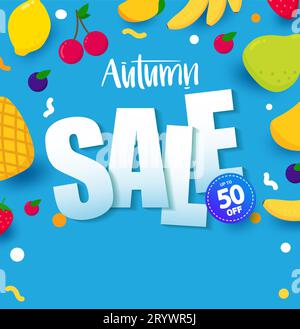 Banner Sale Herbst. Helles Banner auf blauem Hintergrund mit Früchten. Vektor-Illustration flachen Stil. Layout Design Vorlage. Stock Vektor