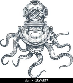 Oktopus in Tauchhelm Vintage Sketch Stock Vektor