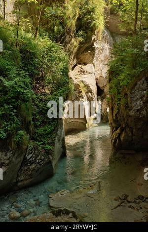 Vertikaler Schuss des Flusses, der zwischen Felsen fließt. Seisenbergklamm, Weissbach bei Lofer, Österreich. Stockfoto