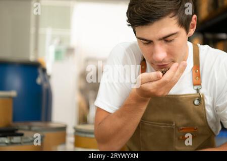 Junger Mann in Schürze, der mit geröstetem Kaffee arbeitet und den gerösteten Bohnenkaffee überprüft Stockfoto