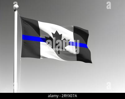 Kanadische Nationalflagge mit dünner blauer Linie, die auf grauem Hintergrund winkt Stockfoto