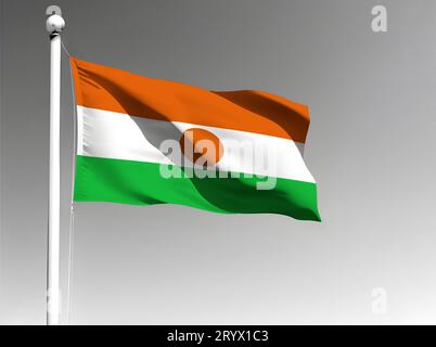 Die Nationalflagge Niger winkt isoliert auf grauem Hintergrund Stockfoto