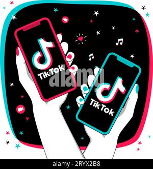 Hände von zwei Frauen, die ein Smartphone mit TikTok-Logo auf dem Bildschirm halten. Unterhaltung kurze Video Social Network. Vektorillustration. Stock Vektor