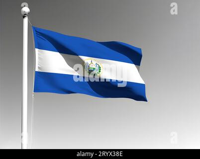 Die Nationalflagge El Salvador winkt isoliert auf grauem Hintergrund Stockfoto