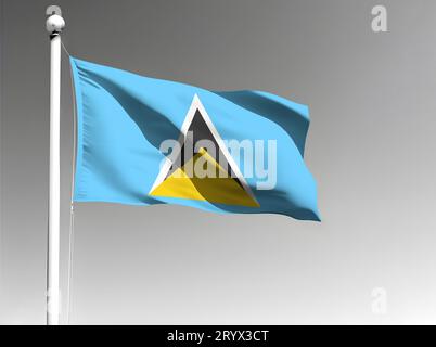 Die Nationalflagge von Saint Lucia winkt auf grauem Hintergrund Stockfoto