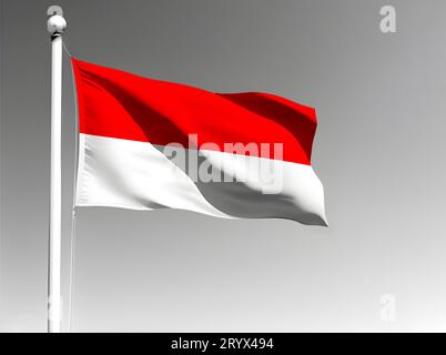 Indonesische Nationalflagge isoliert winkend auf grauem Hintergrund Stockfoto