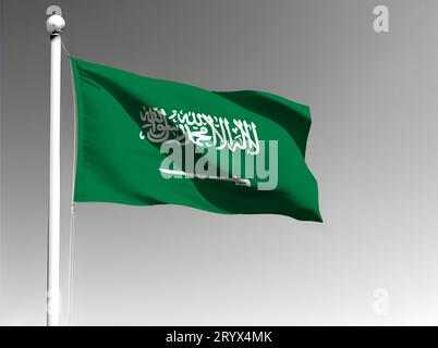 Saudi-Arabiens Nationalflagge isoliert winkt auf grauem Hintergrund Stockfoto