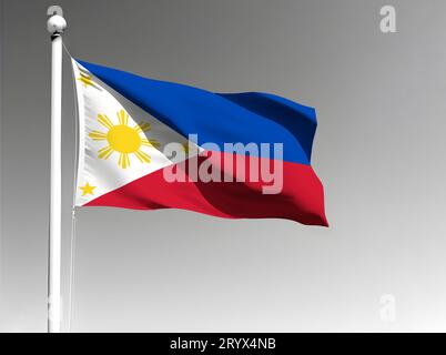 Die philippinische Nationalflagge winkt auf grauem Hintergrund Stockfoto