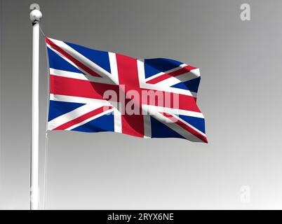 Nationale Flagge des Vereinigten Königreichs, isoliert, winkend auf grauem Hintergrund Stockfoto