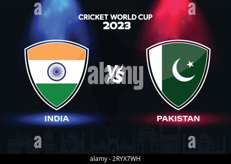 Indiens gegen Pakistans internationales Cricket-Flaggen-Abzeichen auf indischem Skyline-Hintergrund für die letzte Weltmeisterschaft 2023. EPS-Vektor für Sportspiele. Stock Vektor