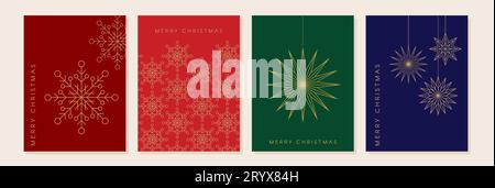 Eleganter fröhlicher Weihnachtshintergrund, Banner und Grußkarte Set, Sammlung von Schneeflocken, Sternen, Weihnachtsdekorationen, handgezeichnete Illustration Stock Vektor