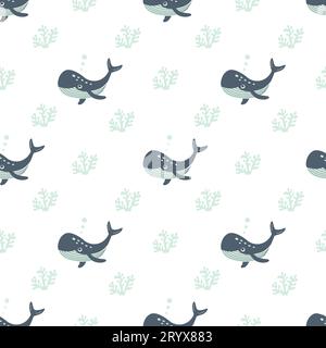Nahtloses Muster mit Meerestieren. Blauwal im Ozean zwischen Meerespflanzen auf weißem Hintergrund. Vektorabbildung. Design für Kinderteig Stock Vektor