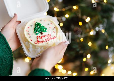 Ein Mädchen hält einen hausgemachten Weihnachtskuchen mit der Inschrift Frohe Weihnachten vor dem Hintergrund eines geschmückten Weihnachtsbaumes in den Händen Stockfoto