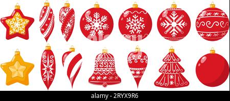 Set mit Weihnachtsdekorationen und Neujahrsdekorationen in flachem Stil. Kugel, Goldstern, Eiszapfen, Fichte, rote Glocke mit weißem Ornament. Winterurlaubsgegenstände Stock Vektor