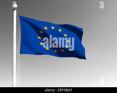 Nationalflagge der Europäischen Union isoliert winkend auf grauem Hintergrund Stockfoto