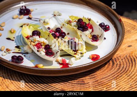 Vegetarische Vorspeise mit frischen belgischen Endivien-Booten gefüllt mit gerösteten Pinienkernen, Bleu-Käse, frischen Hucklebeeren und frischem Olivenöl belegt Stockfoto