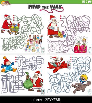Comic-Illustration von Find the Way Labyrinth Puzzle-Spiele mit Weihnachtsmann auf Weihnachten mit Kindern Stock Vektor