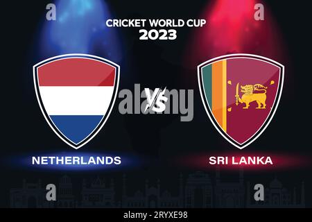 Niederlande gegen Sri Lanka internationale Cricket-Flagge Abzeichen Design auf indischem Skyline Hintergrund für die letzte WM 2023. EPS-Vektor für Sportspiele Stock Vektor