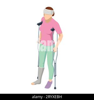 Isometrie Frau mit Beinverletzung in einem Guss an Krücken, mit Kopfverletzung. Sozial- und Krankenversicherungskonzept. Rehabilitation Stock Vektor