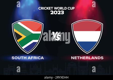 Südafrika gegen die Niederlande: Design der internationalen Cricket-Flagge auf indischem Skyline-Hintergrund für die letzte Weltmeisterschaft 2023. EPS-Vektor für den Sport Stock Vektor