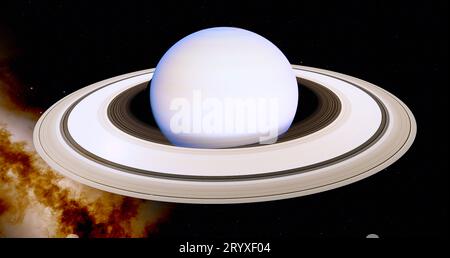 Saturn ist der sechste Planet unseres Sonnensystems und hat 146 Monde, die durch ein Teleskop wie Diamanten aussehen. Stockfoto