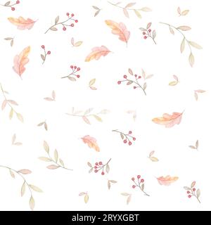 Herbstmuster, Zweigmuster, Muster Roter Beeren, Nahtloses Muster Aquarell, Waldmuster Illustrationen, Weißer Hintergrund Stockfoto