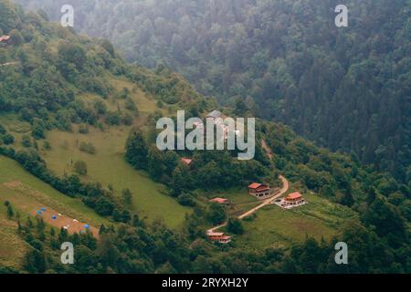 Immergrüne Nadelbäume und Yayla-Häuser auf einem bewaldeten Berghang in einem nebligen Tal in der Türkei Stockfoto