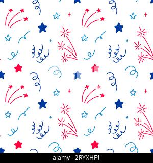 4. Juli USA Independence Day nahtloses Muster. Blaue, rote und weiße Farben der amerikanischen Flagge. 14. Juli Happy National Day of France Feuerwerk Stock Vektor