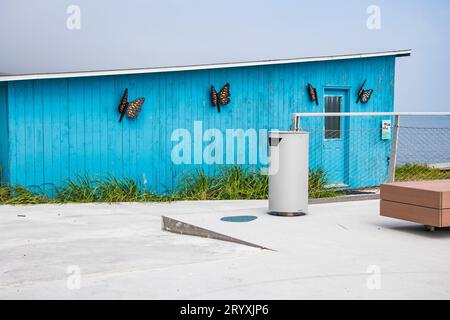 Schmetterlingsdekorationen auf einem Bootshaus in St. Pierre, Frankreich Stockfoto