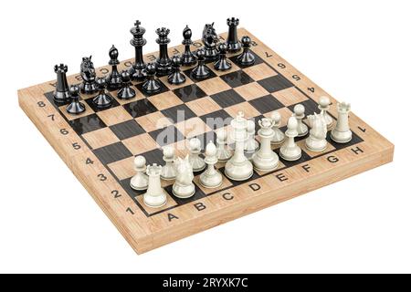 Schachbrett mit Figuren. Schachspiel starten, 3D-Rendering isoliert auf weißem Hintergrund Stockfoto