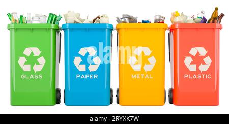 Recycling von Abfallbehältern mit Glas-, Papier-, Metall- und Kunststoffabfällen, 3D-Rendering isoliert auf weißem Hintergrund Stockfoto