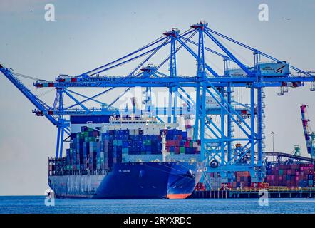 APL Danube, ein Post-Panamax-Containerschiff, ist am 30. September 2023 in Mobile, Alabama an APM Terminals angedockt. APL Donau wurde 2014 gebaut. Stockfoto