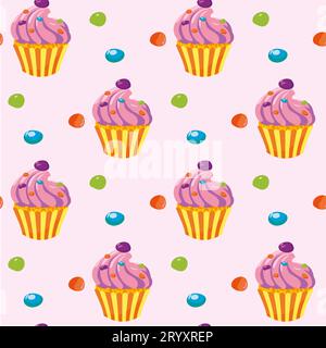 Hintergrund mit rosa Cupcakes und bunten Süßigkeiten. Süße Cartoon-Backwaren. Nahtloses Muster mit Süßigkeiten und Süßwaren. Vektorillustration. Stock Vektor