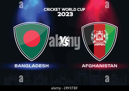Bangladesch vs Afghanistan International Cricket Flag Badge Design auf indischen Skyline Hintergrund für die finale Weltmeisterschaft 2023. EPS Vektor für einen Sport Stock Vektor