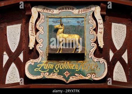 Fachwerkhaus zum goldenen Hirsch, Altstadt, Limburg an der Lahn, Hessen, Deutschland, Europa Stockfoto