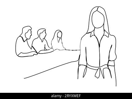 Menschen, die bei einem Meeting um einen Tisch sitzen. Einzeilige Zeichnung, Vektorillustration. Stock Vektor