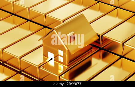 Goldenes Haus mit vielen feinen Goldbarren im Hintergrund des Tresors. Betriebswirtschaftliches und finanzielles Konzept. Stockfoto