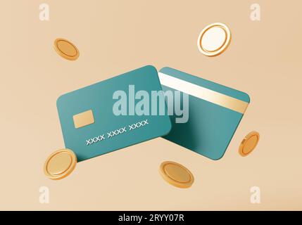Kreditkarte mit Goldmünzen schweben auf orangem Hintergrund. Business and Economy Konzept. 3D-Darstellung von Illustrationen Stockfoto