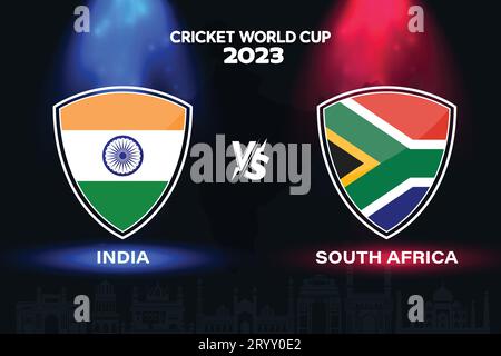 Indische vs. Südafrika – internationales Cricket-Flaggendesign im Hintergrund der indischen Skyline für die finale Weltmeisterschaft 2023. EPS Vector für ein Sportspiel Stock Vektor