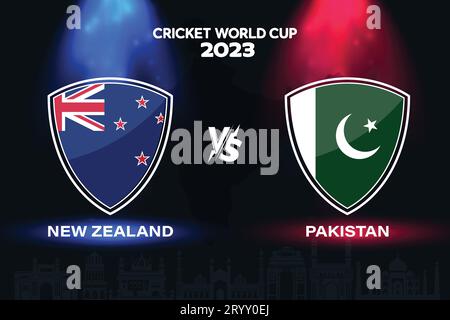 Design der internationalen Cricket-Flaggenflagge Neuseeland vs. Pakistan im Hintergrund der indischen Skyline für die finale Weltmeisterschaft 2023. EPS Vektor für einen Sport Stock Vektor