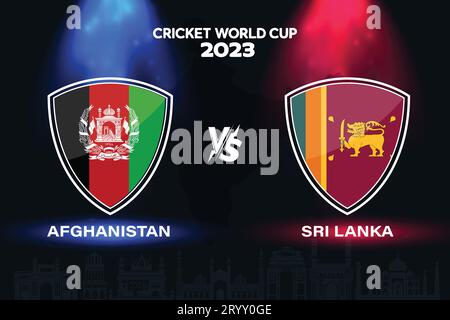 Afghanistan vs. Sri Lanka International Cricket Flag Badge Design auf der indischen Skyline Hintergrund für die finale Weltmeisterschaft 2023. EPS Vektor für einen Sport Stock Vektor