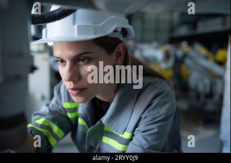 Weibliche Technikerin, die den Roboterarm in einem Roboterhangar inspiziert und repariert und den Betrieb der Maschine nach dem Gebrauch überprüft Stockfoto