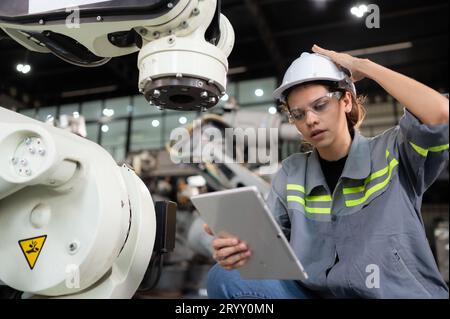 Eine Ingenieurin installiert ein Programm auf einem Roboterarm in einem Roboterlager. Und prüfen Sie die Funktion, bevor Sie die Maschine t senden Stockfoto