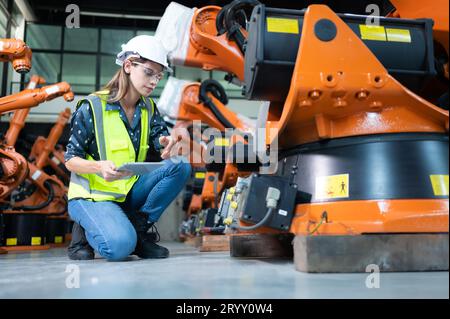 Weibliche Technikerin, die den Roboterarm in einem Roboterhangar inspiziert und repariert und den Betrieb der Maschine nach dem Gebrauch überprüft Stockfoto