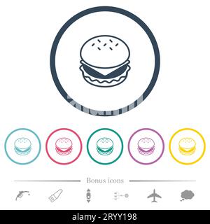 Flache Farbsymbole für Cheeseburger in runden Konturen. 6 Bonussymbole enthalten. Stock Vektor