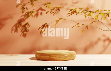Hölzerne runde Zylinder Podiumsbühne mit Herbstbaum auf orangem Hintergrund. Natur und saisonales Konzept. 3D-Abbildung Stockfoto